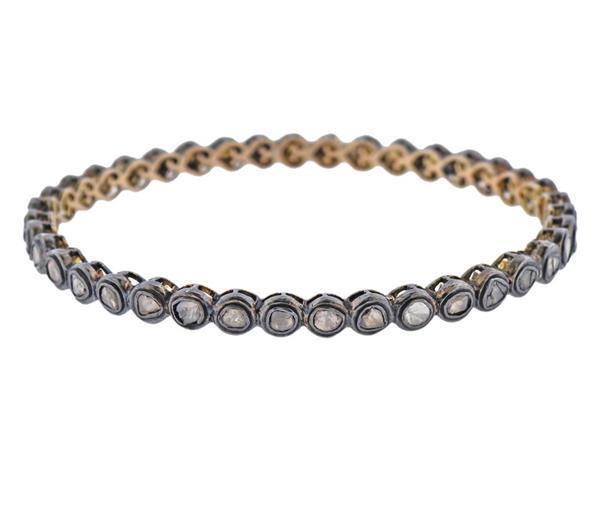14K Gold Silver Rose Cut Diamonds Bangle Bracelet (1 of 3)