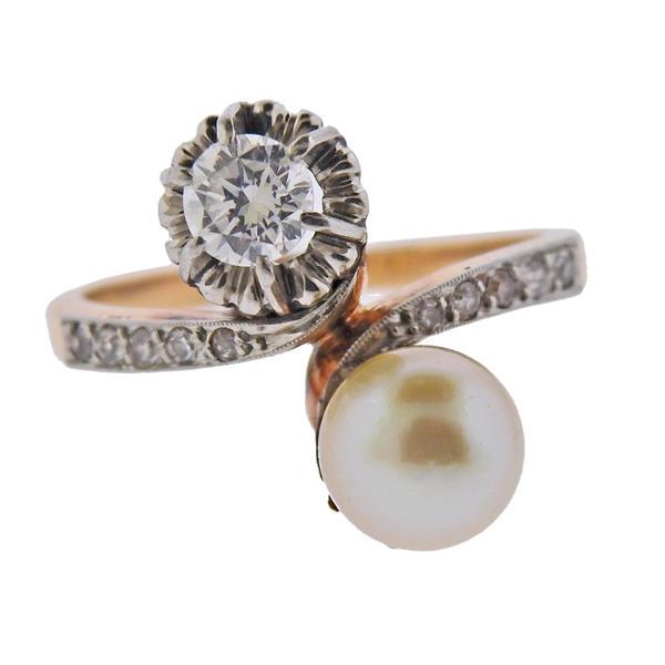 Antique 18K Gold Platinum Diamond Pearl Ring (1 of 3)