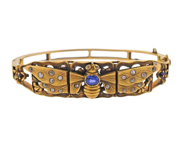 14K Gold Diamond Sapphire Bangle Bracelet (1 of 4)
