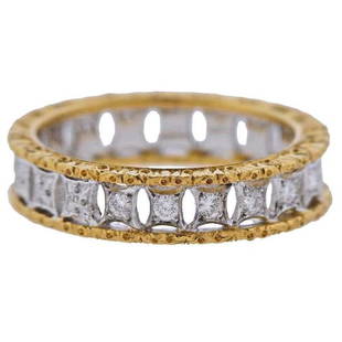 Mario Buccellati Diamond Gold Wedding Band Ring: METAL: 18k Gold. MEASUREMENTS: Ring size - 6.25, ring is 7.8mm wide. GEMSTONES: approx. 0.24ctw in diamonds. MARKED: Ring size - 6.25, ring is 7.8mm wide. WEIGHT: 5.1 grams.Gemstones have not been gra