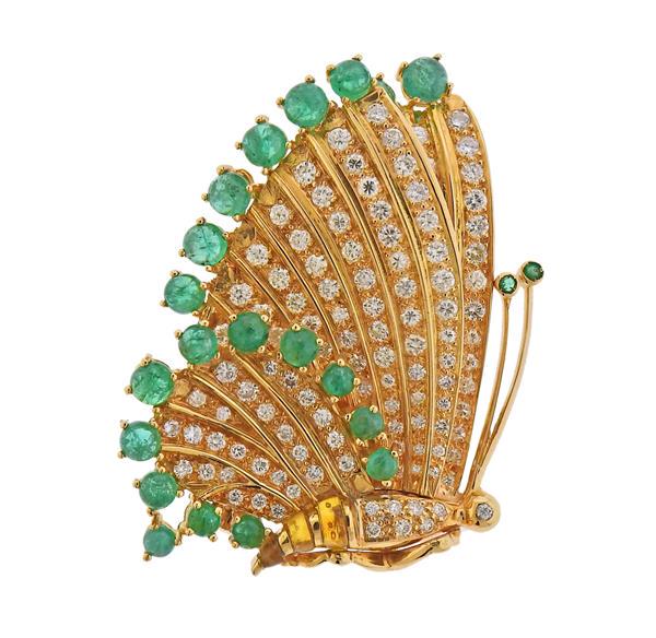 18k Gold Diamond Emerald Butterfly Brooch Pin (1 of 3)