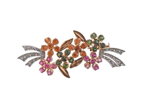 Retro 14k Two Tone Gold Diamond Gemstone Floral Brooch (1 of 3)
