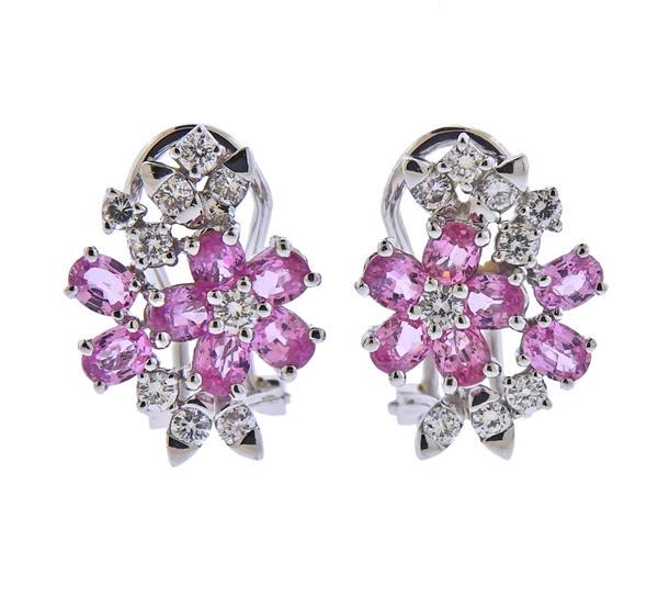 18K Gold Diamond Pink Sapphire Cluster Earrings: METAL: 18k Gold. GEMSTONES: Diamonds approx. 0.82ctw. Pink sapphire 3.45ctw. MEASUREMENTS: Earrings are 19.5mm x 14.5mm wide. MARKED: 750 D0.82, PS 3.45. WEIGHT: 8.9 grams.Gemstones have not been grad