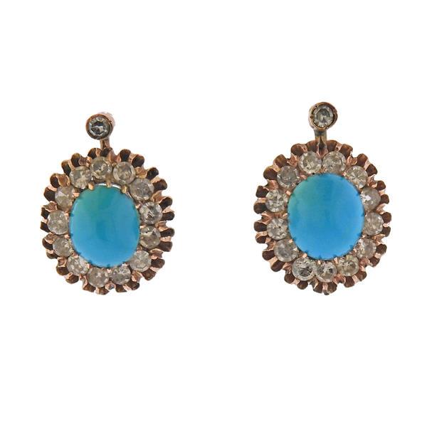 Antique 14K Gold Diamond Turquoise Earrings (1 of 3)