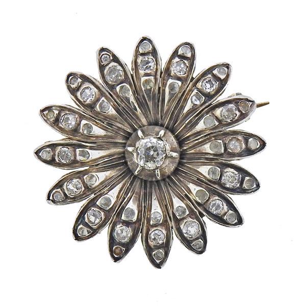Antique 18K Gold Silver Diamond  Brooch Pin (1 of 3)
