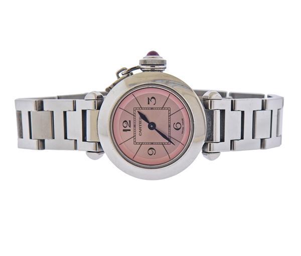 Cartier Pasha Pink Dial Lady's Watch 2973: METAL: Stainless Steel. MEASUREMENTS: Case - 27mm, bracelet will fit approx. 6.25" wrist, with hidden dual deployment buckle. Pink Cartier dial, pink gemstone crown. MOVEMENT; Quartz, working ord