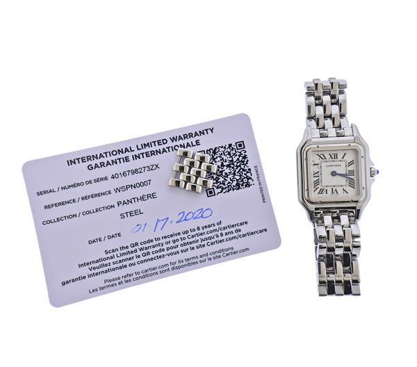 Cartier Panthere Stainless Steel Watch WSPN0007: METAL: Stainless Steel. MEASUREMENTS: Case - 27mm x 27mm. Bracelet will fit approx. 6.75" wrist , with extra links and Guarantee card. Cartier silvered dial with black Roman markers. MOVEMENT: Qu