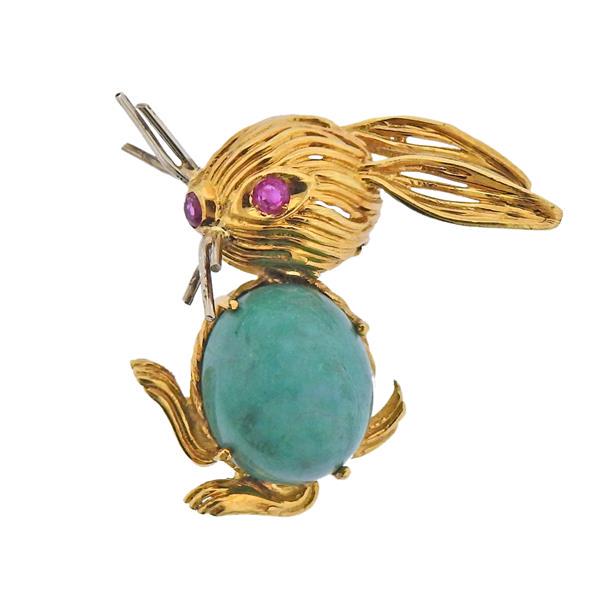 1960s 18K Gold Ruby Rabbit Brooch Pin (1 of 3)