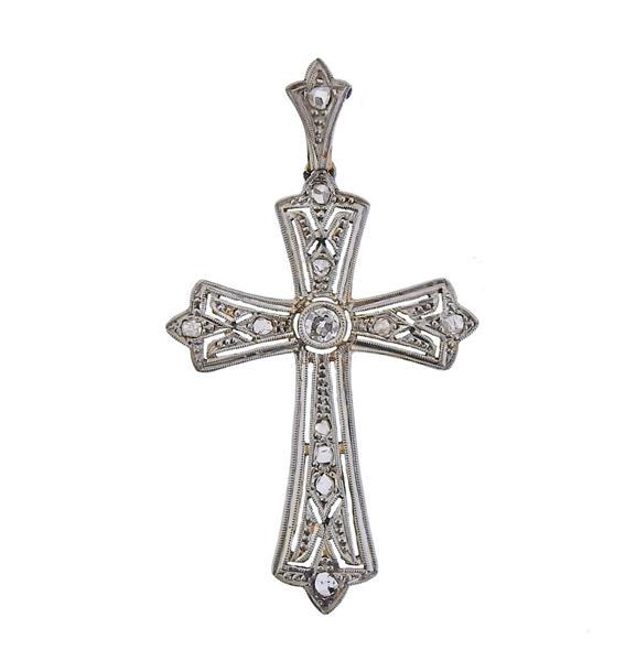 Art Deco 18K Gold Platinum Diamond Cross Pendant (1 of 3)