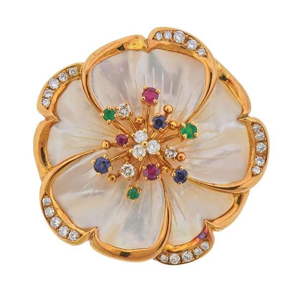 18K Gold Diamond MOP Ruby Sapphire Emerald Brooch (1 of 3)