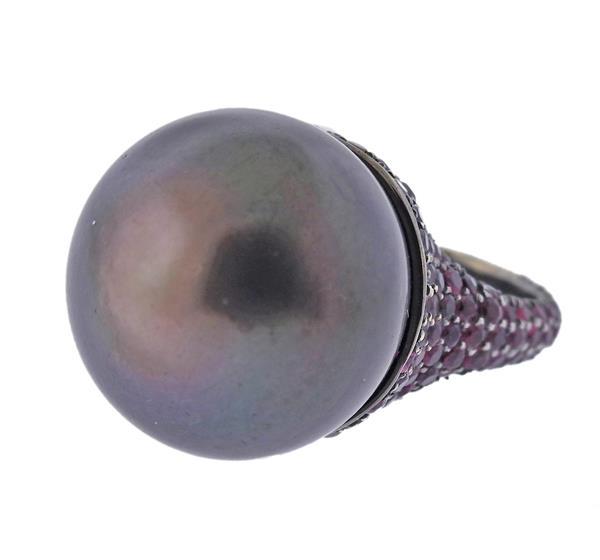 18K Gold 19.8mm South Sea Tahitian Pearl Ruby Ring (1 of 5)