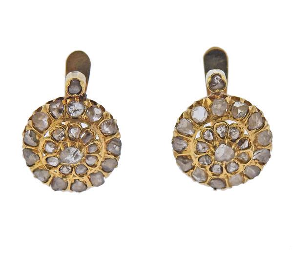18K Gold Rose Cut Diamond Earrings: METAL: 18k Gold. GEMSTONES: Rose cut diamonds approx. 48 stones. MEASUREMENTS: Earrings are 18mm x 15mm. TESTED: 18k. WEIGHT: 6.3 grams.Gemstones have not been graded for color and clarity ,and tested