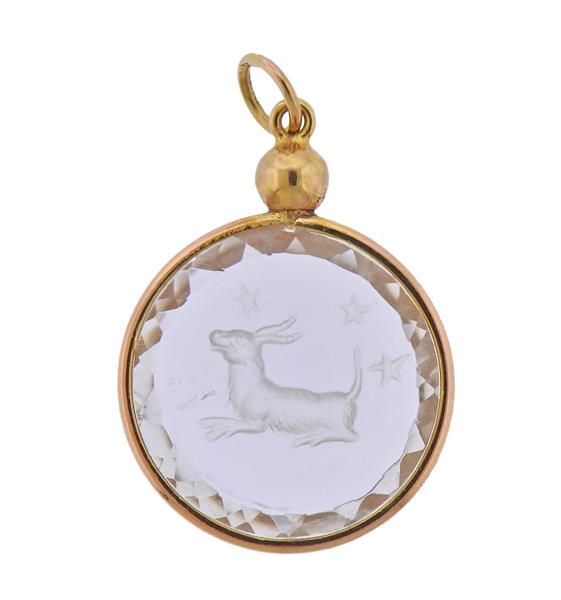 14k Gold Carved Crystal Capricorn Zodiac Sign Pendant: METAL: 14k Gold. MEASUREMENTS: Pendant is 16mm in diameter x 25mm with bale. GEMSTONES: Carved rock crystal. MARKED: 14k 585. WEIGHT: 2.5 grams.Gemstones have not been graded for color and clarity ,an