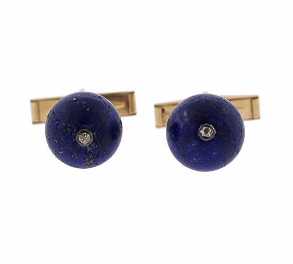 14K Gold Lapis Lazuli Ball Diamond Cufflinks (1 of 4)