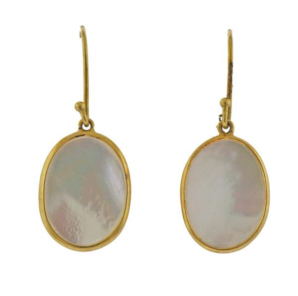 Ippolita 18K Gold Mother of Pearl Drop Earrings: METAL: 18k Gold. GEMSTONES: MOP. MEASUREMENTS: Earrings are 32mm long x 13mm wide. MARKED: Ippolita 18k. WEIGHT: 2.5 grams.Gemstones have not been graded for color and clarity ,and tested for clarity 