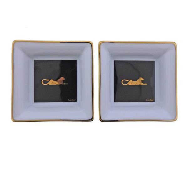 Cartier Panthere Porcelain Tray Set 2pc: METAL: Porcelain. MEASUREMENTS: Trays measure 3 3/16" x 3 3/16" x 1" high. Come with Box and 1 blank COA cards. Made in France.