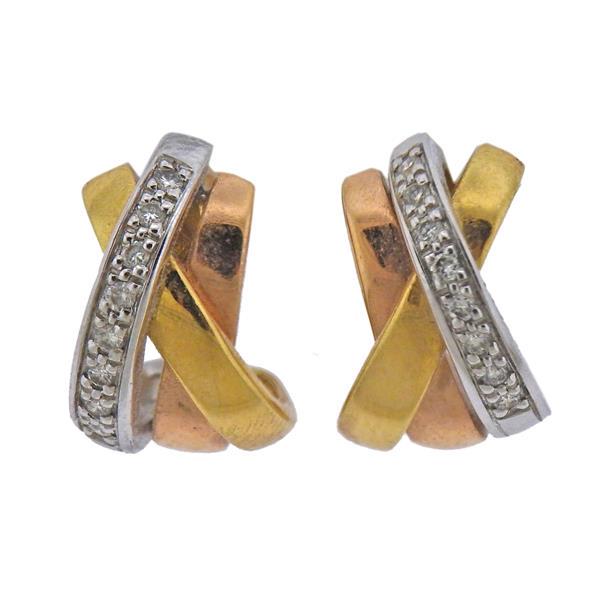 Guy Laroche Tri Color 18k Gold Diamond Earrings: METAL: 18k Gold. GEMSTONES: Diamonds. MEASUREMENTS: Earrings are 14mm x 9mm at widest point (without backs). MARKED: Guy Laroche, gold marks. WEIGHT: 4.8 grams.Gemstones have not been graded for color