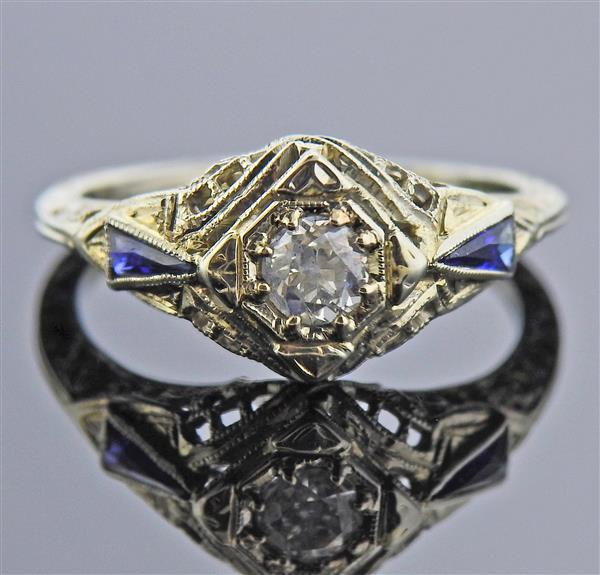 Art Deco Filigree 18k Gold Diamond Sapphire Ring (1 of 3)