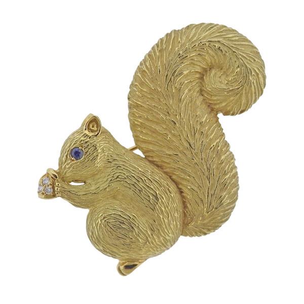 Suna 18K Gold Diamond Sapphire Squirrel Brooch Pin (1 of 3)