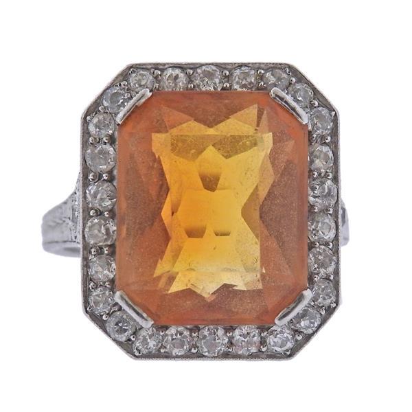 Art Deco Platinum Diamond Citrine Ring (1 of 4)