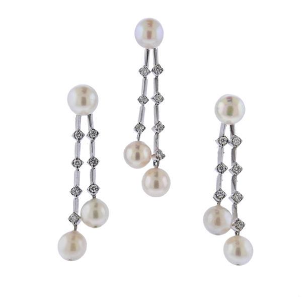 18K Gold Diamond Pearl Pendant Earrings Set (1 of 4)