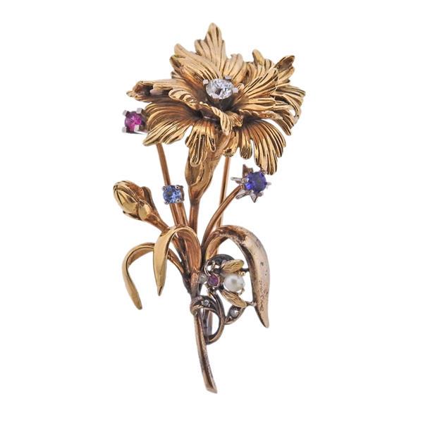 Mid Century 18k Gold Diamond Gemstone Flower Brooch (1 of 3)