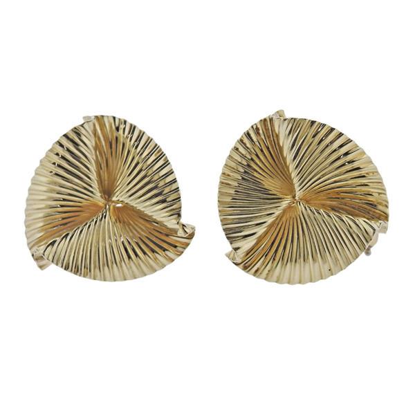 McTeigue Mid Century 14K Gold Earrings: METAL: 14k Gold. GEMSTONES: n/a. MEASUREMENTS: Earrings are 22mm x 22mm. MARKED: 14k, Maker's mark MT. WEIGHT: 9.3 grams.Gemstones have not been graded for color and clarity ,and tested for clarit