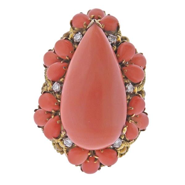 1960s 14K Gold Diamond Coral Large Ring (1 of 4)