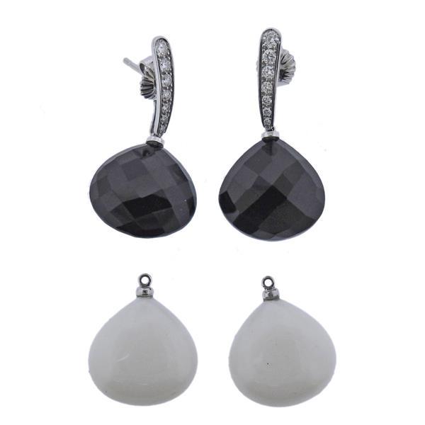 18K Gold Diamond Onyx Agate Earrings: METAL: 18k Gold. GEMSTONES: Diamonds approx. 0.30ctw. Onyx, Agate - interchangeable drops. MEASUREMENTS: Earrings are 35mm long x 17mm wide. TESTED: 18k. WEIGHT: 14.8 grams.Gemstones have not been gra