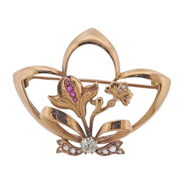 Retro 18k Gold Diamond Ruby Brooch Pin (1 of 3)