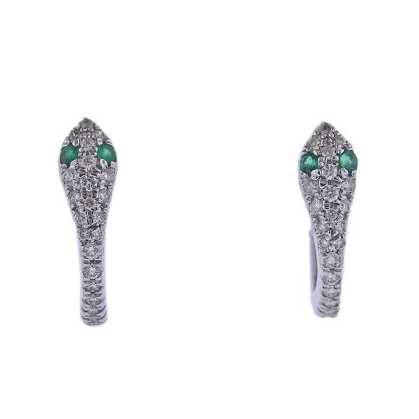 18k Gold Diamond Emerald Snake Hoop Earrings (1 of 3)