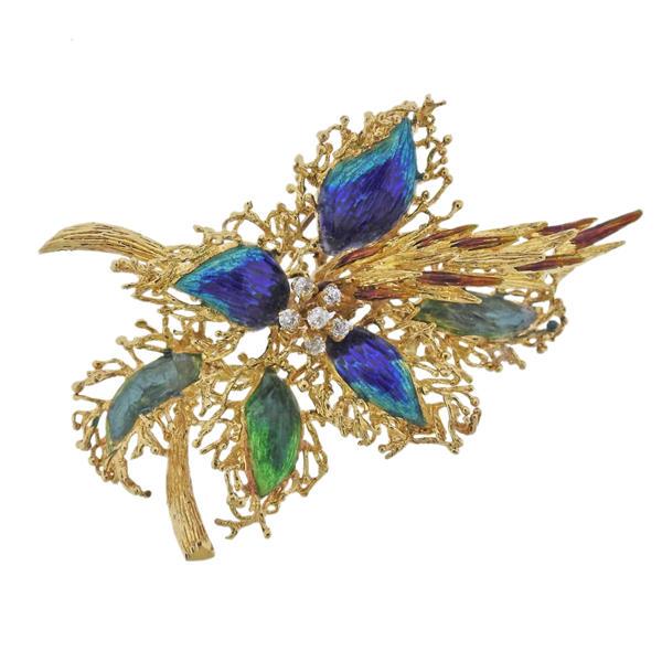 1970s 18K Gold Diamond Enamel Brooch Pin (1 of 4)