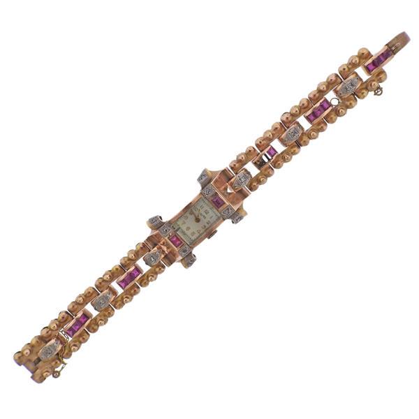 Retro 1940s 18k Gold Diamond Ruby Watch Bracelet (1 of 6)
