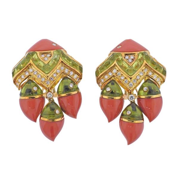 18K Gold Diamond Peridot Coral Cocktail Earrings: METAL: 18k Gold. GEMSTONES: Diamonds approx. 0.76ctw. Coral. Peridots (some stones are chipped). MEASUREMENTS: Earrings are 42mm x 28mm. MARKED: 750. WEIGHT: 33.1 grams.Gemstones have not been graded 