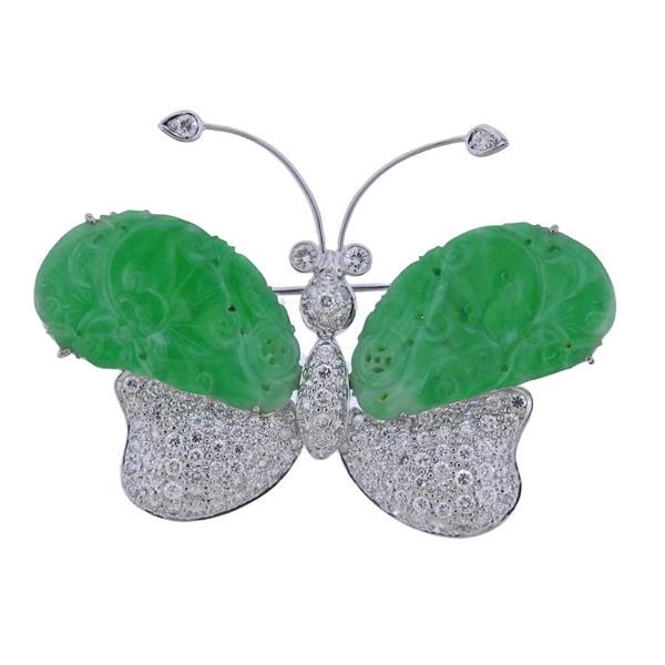 18k Gold Carved Jade Diamond Butterfly Brooch (1 of 3)