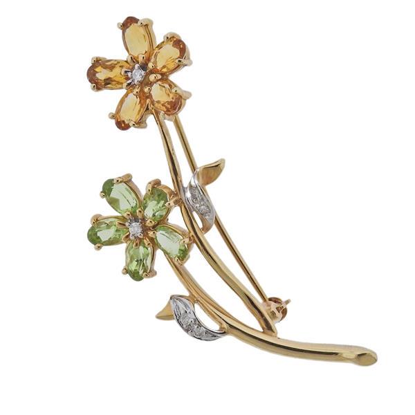 14K Gold Diamond Peridot Citrine Flower Brooch Pin (1 of 3)