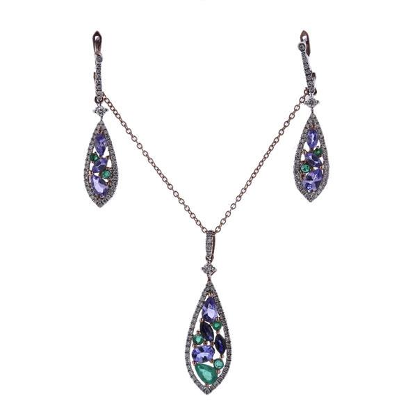 Kallati Gold Diamond Multi Gemstone Pendant Necklace Earrings Set (1 of 3)