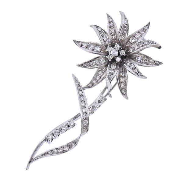 Midcentury 18k Gold Diamond Flower Brooch Pin (1 of 3)