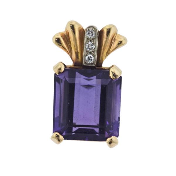14k Gold Amethyst Diamond Pendant: METAL: 14k Gold. MEASUREMENTS: Pendant is 28mm x 18mm. GEMSTONES: Amethyst - 16.2 x 15.1 x 11.2mm, Diamonds approx. 0.09ctw. MARKED: 14k. WEIGHT: 12.7 grams.Gemstones have not been graded for color an