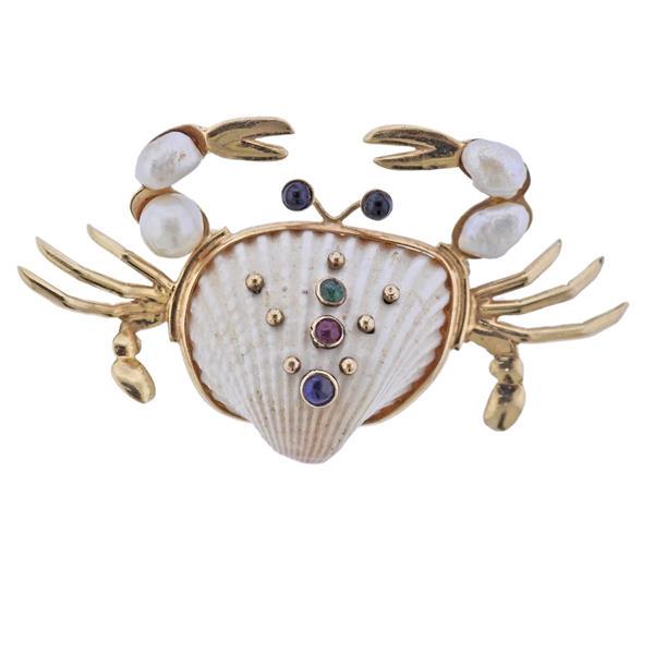 Maz 14k Gold Pearl Sapphire Emerald Ruby Crab Brooch (1 of 3)