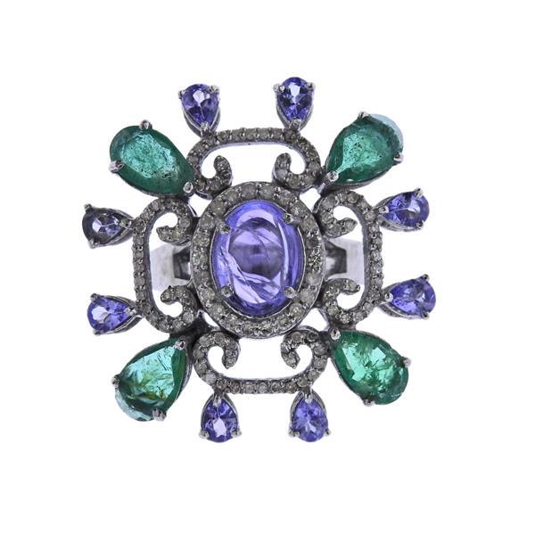 Sterling Silver Diamond Tanzanite Emerald Cocktail Ring (1 of 4)
