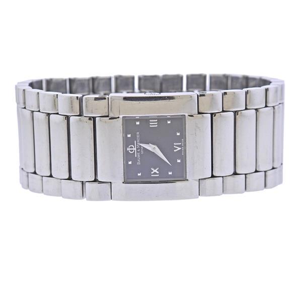 Baume & Mercier Catwalk Steel Watch MV045197: METAL: Stainless Steel. MEASUREMENTS: Case 24mm wide Bracelet will fit approx. 6" wrist. Black BM dial with silvered markers. MOVEMENT: Quartz, working order. Watches are guaranteed to be in runn