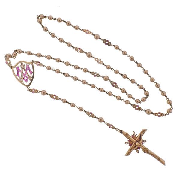 Antique 18k Gold Ruby Diamond Rosary Cross Necklace (1 of 3)