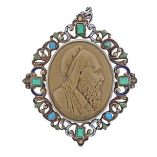 Austro Hungarian Silver Lava Cameo Emerald Enamel Brooch Pendant: METAL: Silver. MEASUREMENTS: Brooch/pendant is 3 2/8" x 2 3/8". Minor loss of enamel is present. GEMSTONES: Lava cameo, emeralds, Turquoise. TESTED: Silver. WEIGHT: 37 grams.Gemstones have