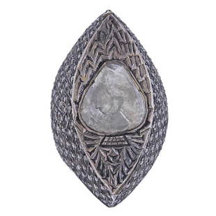 Indian Silver Gold Plated Diamond Cocktail Large Ring: METAL: Silver/ 14k Gold Plated. MEASUREMENTS: Ring size 5.5, top is 43mm x 27mm. GEMSTONES: Diamonds, center rose cut diamond measures approx. 15.6 x 14.2mm. TESTED: Silver/gold plated. WEIGHT: