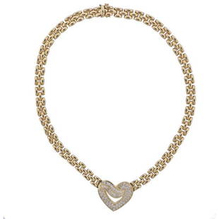 14k Gold Diamond Heart Necklace: METAL: 14k Gold. MEASUREMENTS: Necklace is 17" long, pendant is 25mm x 28mm. GEMSTONES: Diamonds approx. 1.50ctw. MARKED: MNC, 14kt Italy. WEIGHT: 33.1 grams.Gemstones have not been graded for