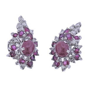 18k Gold Diamond Ruby Cocktail Cluster Earrings: METAL: 18k Gold. MEASUREMENTS: Earrings are 32mm x 24mm. GEMSTONES: Ruby (cabochon stones have multiple minor chips), Diamonds approx. 1.60-1.80ctw. TESTED: 18k. WEIGHT: 17.9 grams.Gemstones have