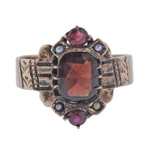 Antique Victorian Gold Garnet Pearl Ring: METAL: 10k Rose Gold. MEASUREMENTS: Ring size 4.25, top is 15mm wide. GEMSTONES: Garnet, seed pearls. MARKED: Illegible engraving on the inside of the shank. WEIGHT: 2.7 grams.Gemstones have not