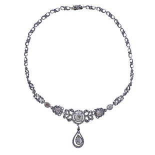 Antique 14k Gold Silver Rose Cut Diamond Necklace: METAL: 14k Gold/ Silver. MEASUREMENTS: Necklace is 17" long, pendant is 45mm long. GEMSTONES: Rose cut diamonds - approx. 210 stones total. Largest center stone is approx. 11mm in diameter.