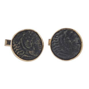 14k Gold Ancient Coin Cufflinks: METAL: 14k Gold. MEASUREMENTS: Cufflink top is 18mm in diameter. GEMSTONES: None, ancient coins in the center. MARKED: 585. WEIGHT: 19.1 grams.Gemstones have not been graded for color and clarity